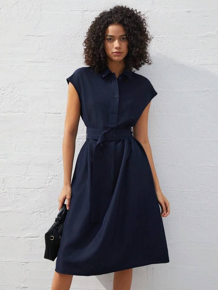 Refined Chic Navy Blue Midi Dress - LA FEMME WANDERER