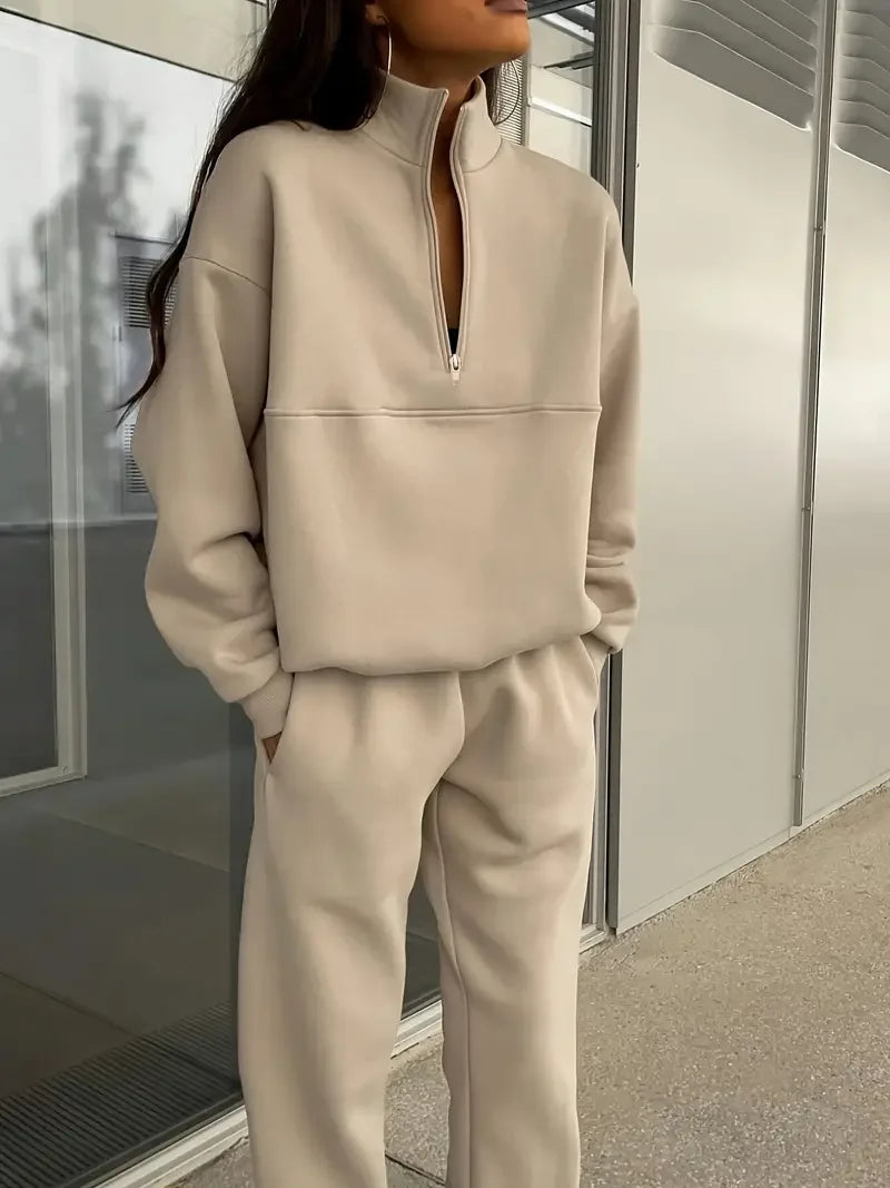 Lapel Solid Color Zipped Casual Matching Set - LA FEMME WANDERER