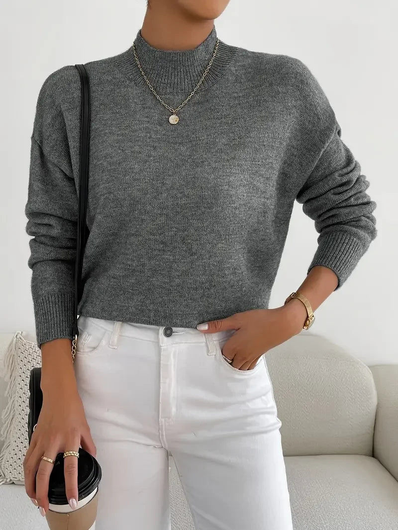 Half Turtleneck Solid Color Long Sleeve Knitted Sweater - LA FEMME WANDERER