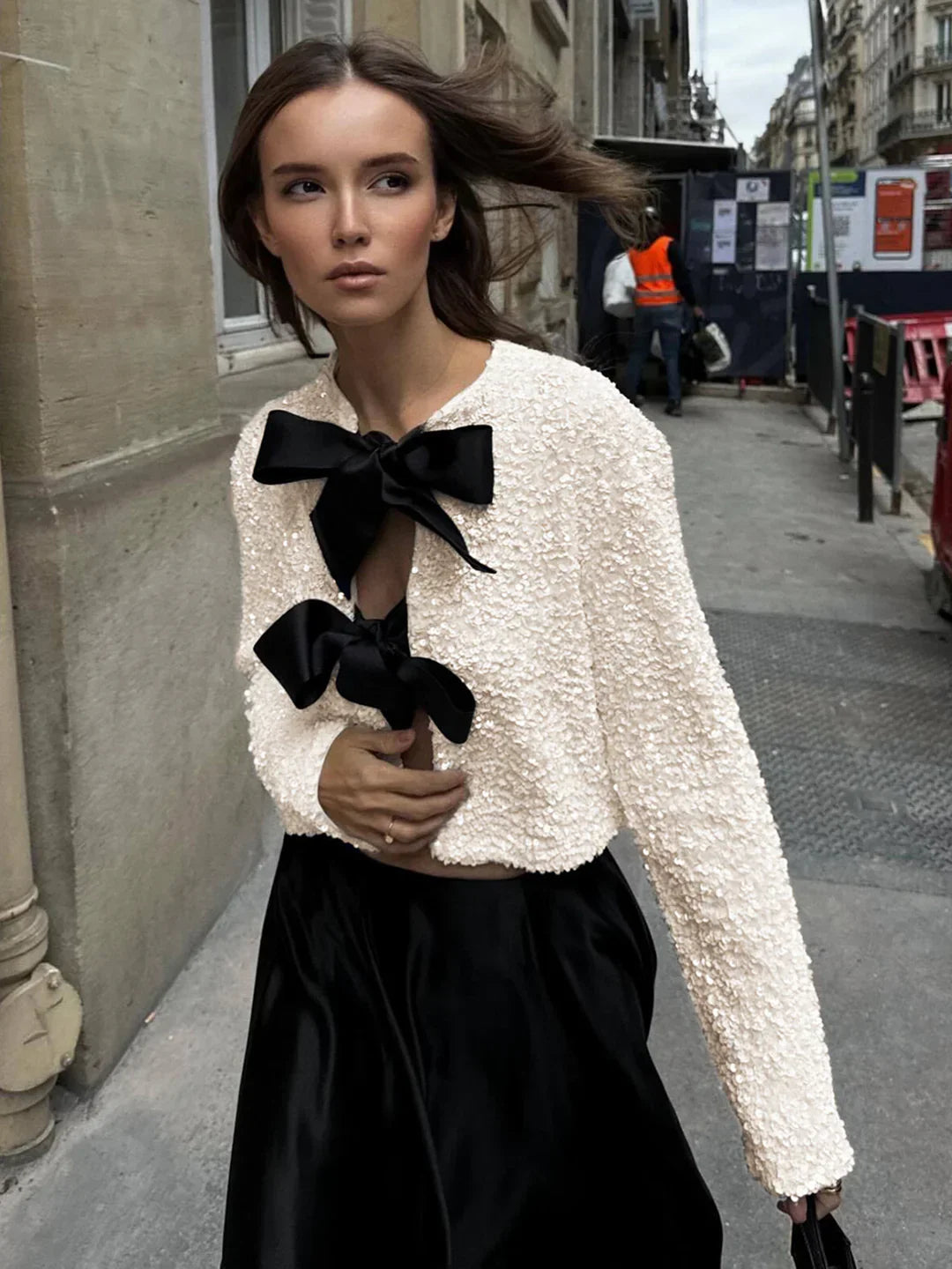 Sequined Velvet Bowknot Decor Blouse - LA FEMME WANDERER