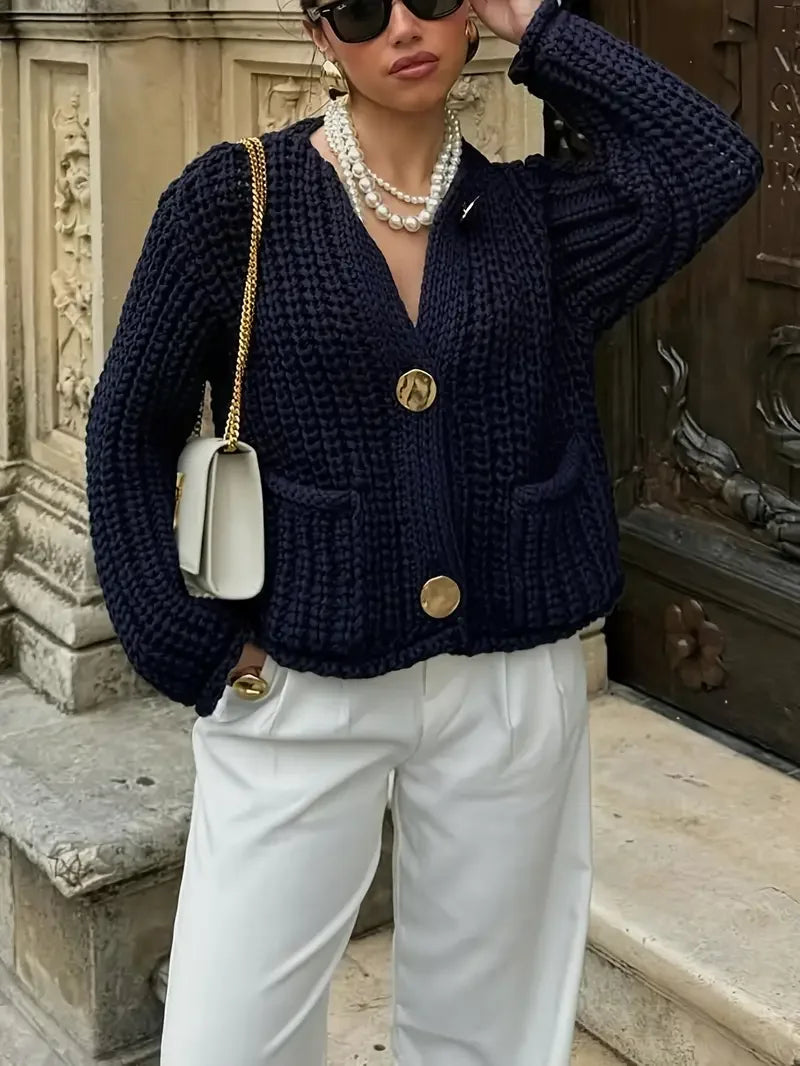 Navy Blue Elegant Hollow Cardigan - LA FEMME WANDERER