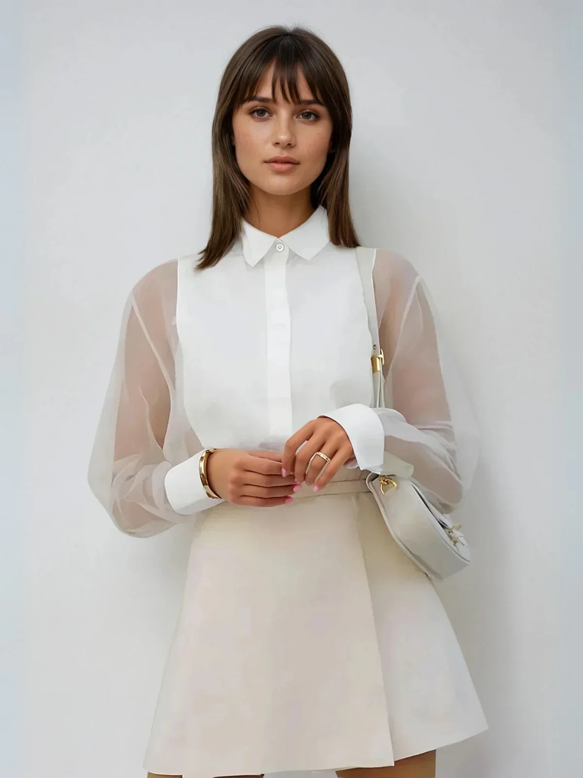 Puff Sleeve Lapel Organza Transparent Top - LA FEMME WANDERER