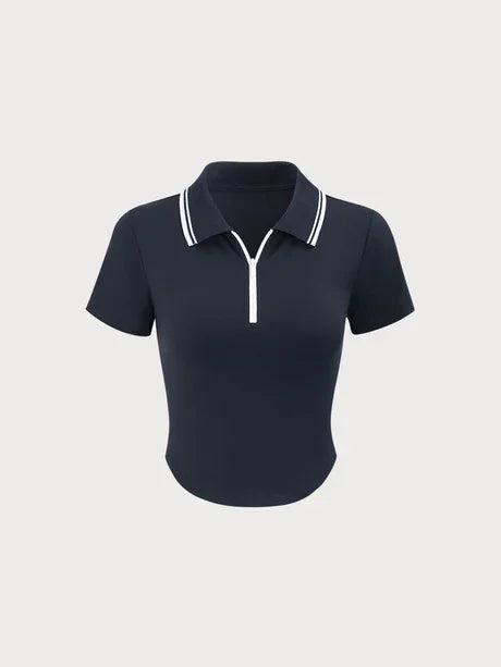 Navy Collar Short Sleeve Top - LA FEMME WANDERER